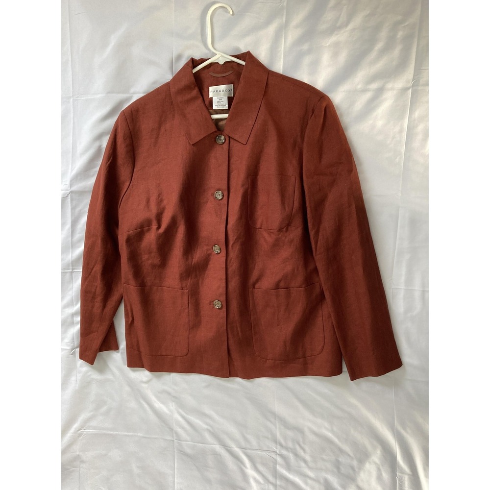 Paradox Jacket Women 20W Brown 100% Linen Button Front Patch Pocket Lined Casual - Picture 5 of 12